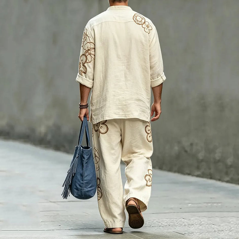 Men's Vintage Japanese Floral Art Shirt And Pants Two Piece Set
