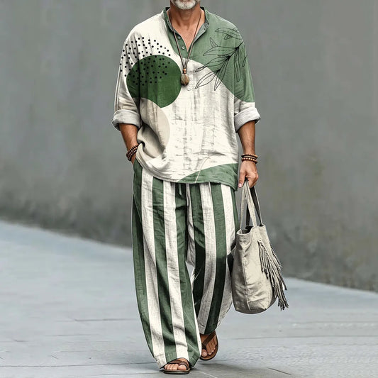 Men's Vintage Japanese Art Shirt And Pants Two Piece Set