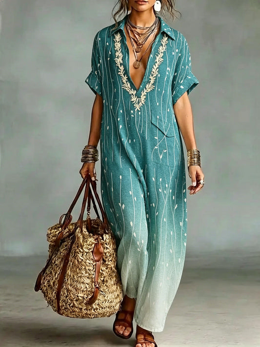Women's Bohemian Print Embroidered V-neck Cotton And Linen Maxi Dress