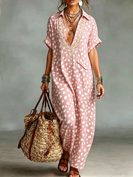 Women's Bohemian Print Embroidered V-neck Cotton And Linen Maxi Dress