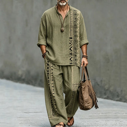 Men's Vintage Geometry Art Print Shirt And Pants Two Piece Set