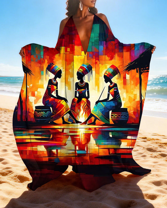 Retro Tribal Oil Painting Off-shoulder V-neck Long Kaftan Dress