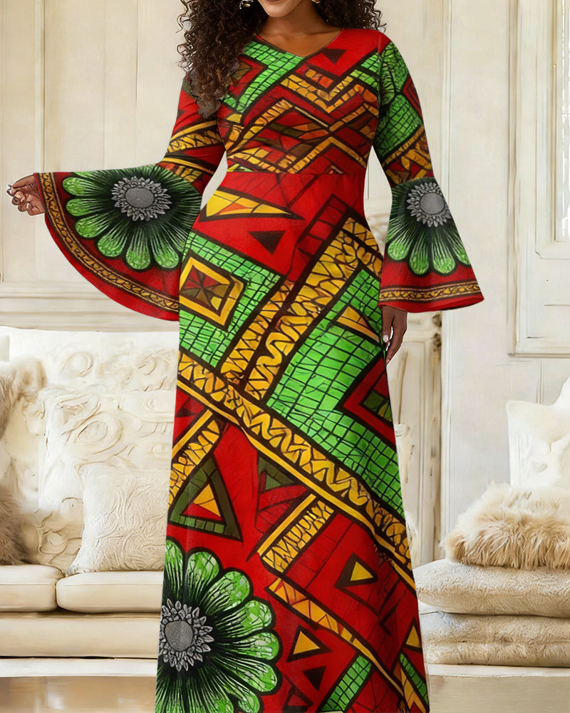 Women'S Elegant Bell-Sleeve Ankara Geometric Flowers Splicing Fitted Dress