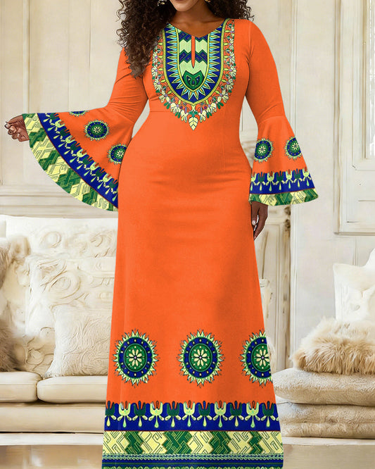 Women'S Elegant Bell-Sleeve Classic African Totem Prints Fitted Dress