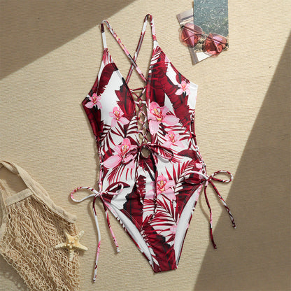 Lace-Up Crisscross Halter One-Piece Swimsuit