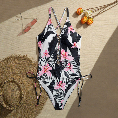 Lace-Up Crisscross Halter One-Piece Swimsuit