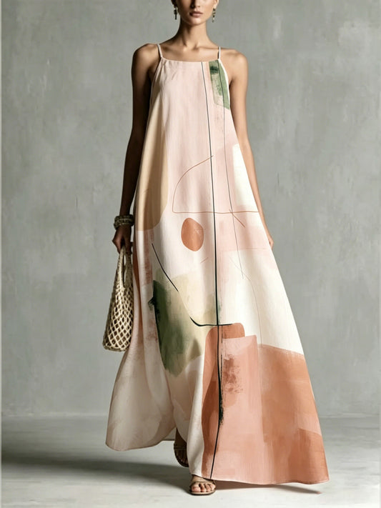 Women's Loose Romantic Print Pleated Spaghetti-Neck Maxi Dresses