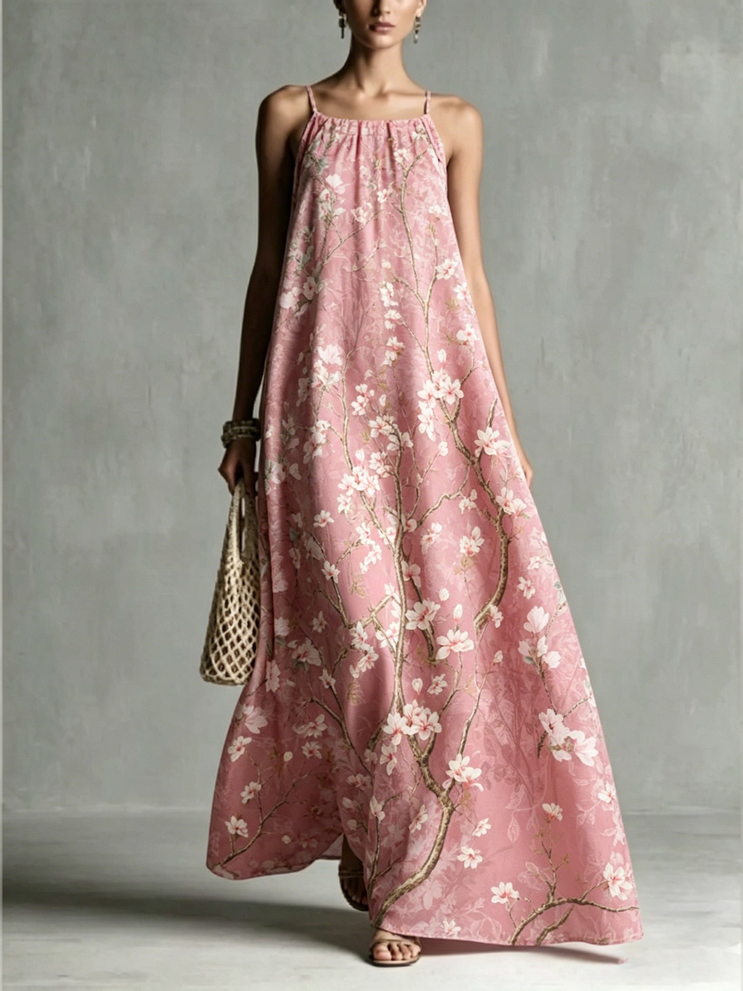 Women's Loose Romantic Print Pleated Spaghetti-Neck Maxi Dresses