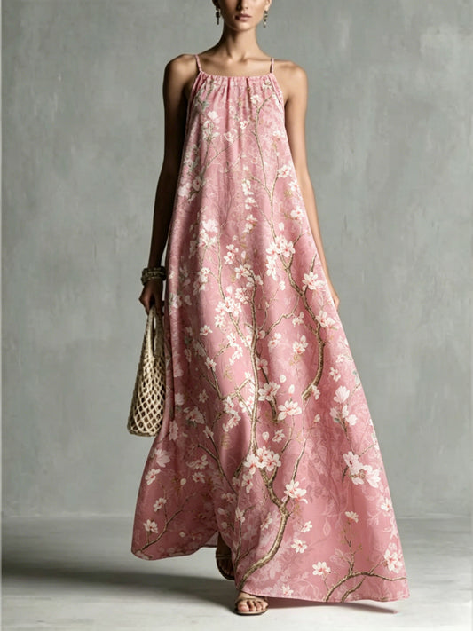 Women's Loose Romantic Print Pleated Spaghetti-Neck Maxi Dresses
