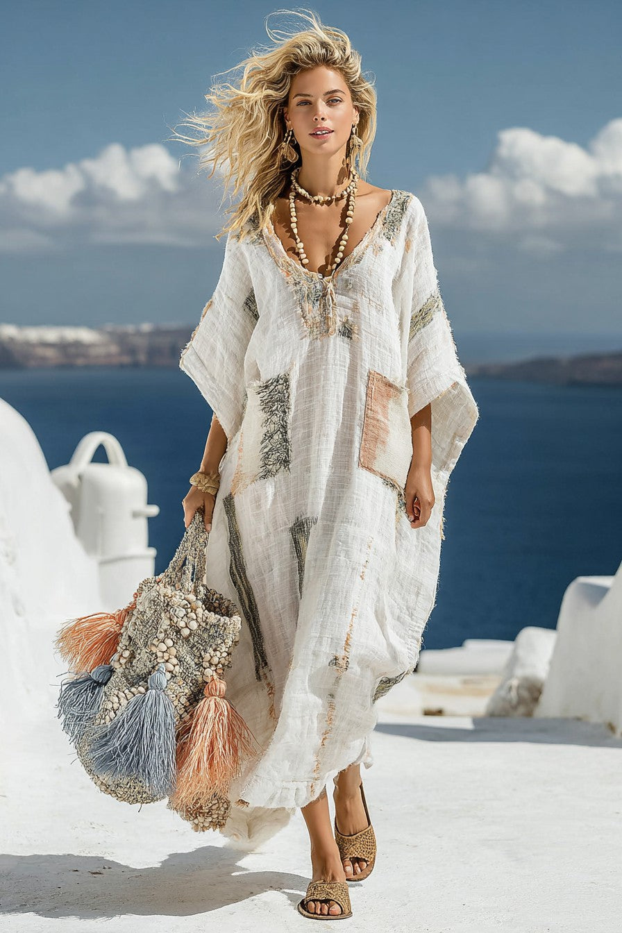 Vintage Print Long Sleeve Kaftan Dress