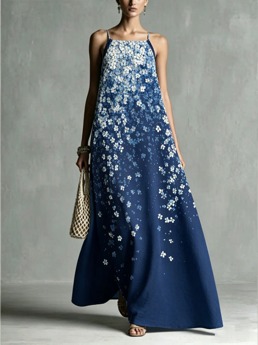 Women's Loose Romantic Print Pleated Spaghetti-Neck Maxi Dresses