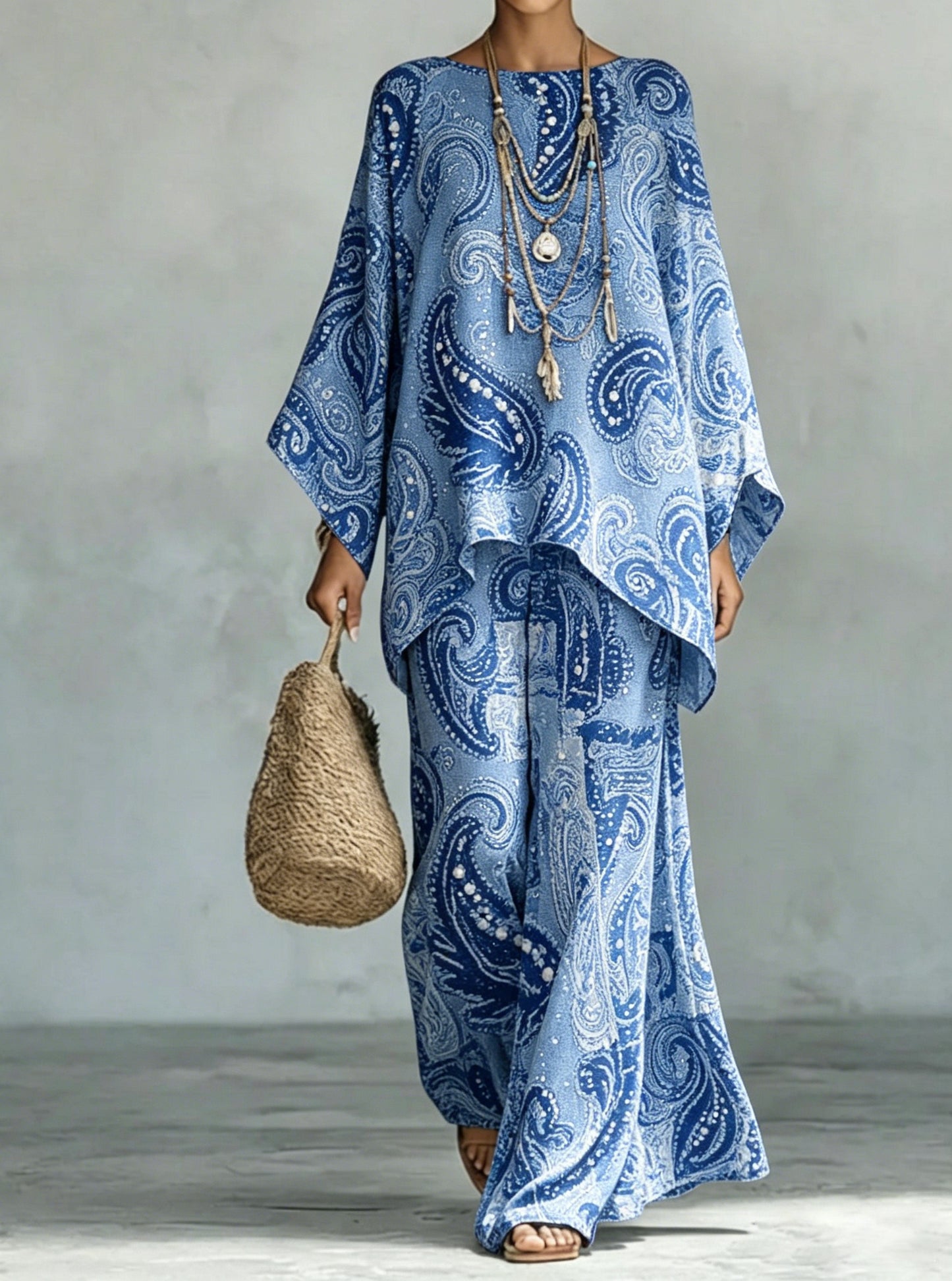Women's Comfortable and loose print pattern cotton and linen wide-leg pants two-piece set
