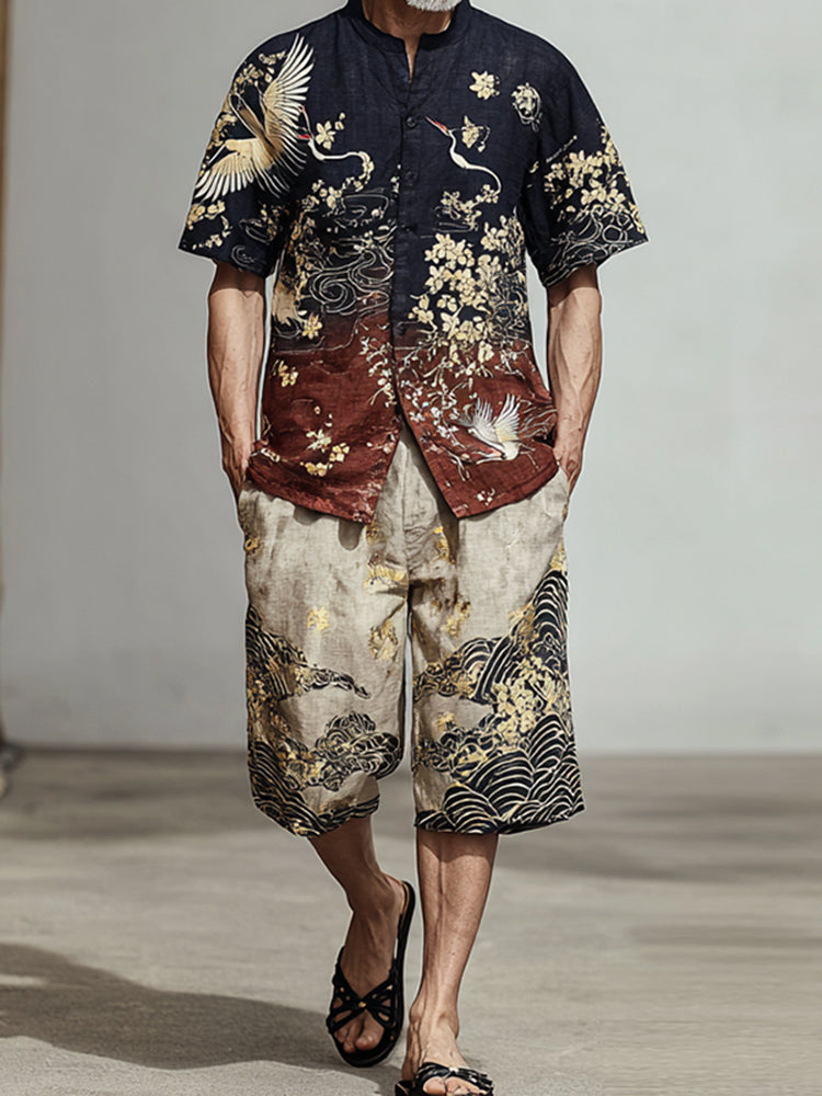 Men's Japanese-style Patterned Color-blocked Two-piece Set