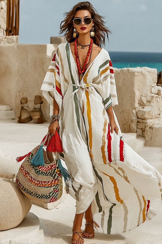 Vintage Print Long Sleeve Kaftan Dress