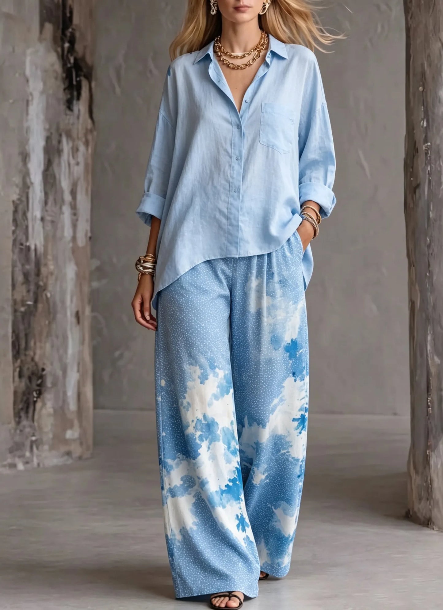 Women's Casual Cotton and Linen Shirt Wide Leg Pants Two-piece Set