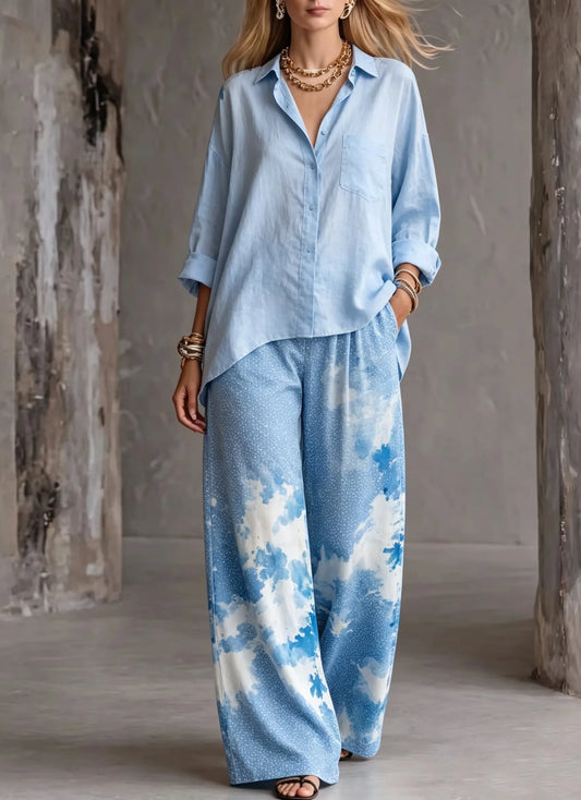 Women's Casual Cotton and Linen Shirt Wide Leg Pants Two-piece Set