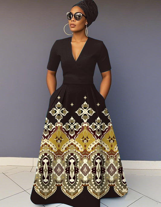 V Neck Geometric Prints Short Sleeve Maxi Dress