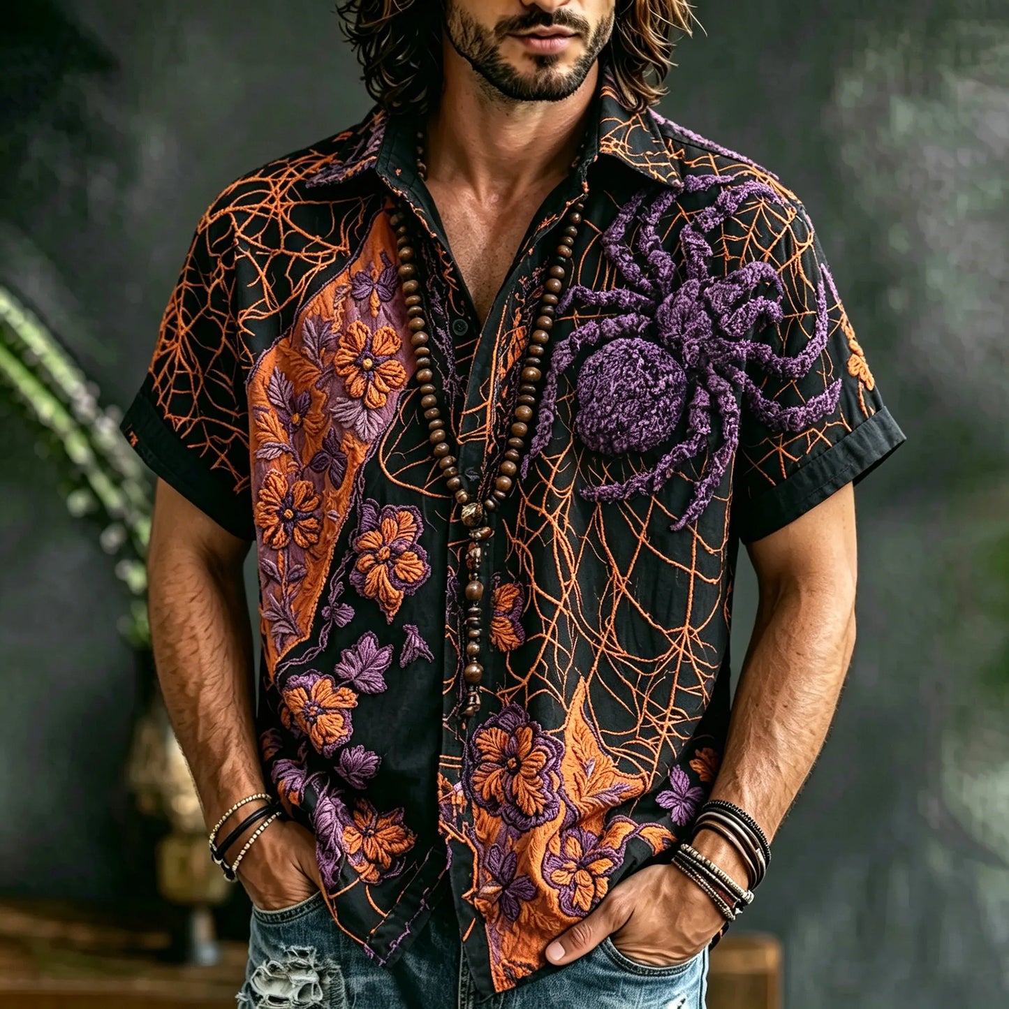 Men's Retro Halloween Spider Web Floral Patchwork Embroidered Button Shirt