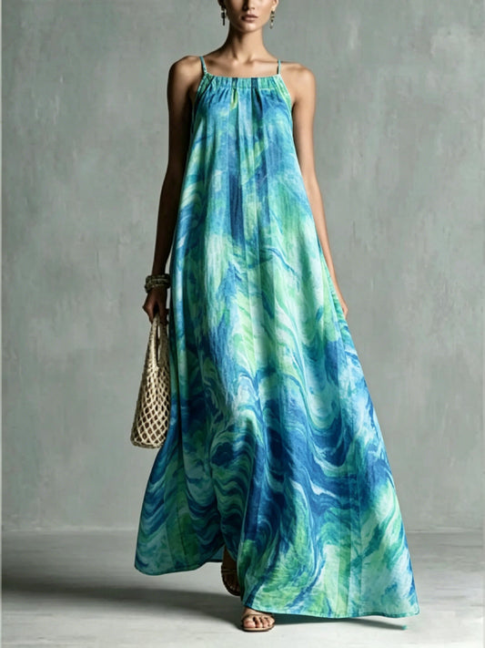 Women's Loose Romantic Print Pleated Spaghetti-Neck Maxi Dresses