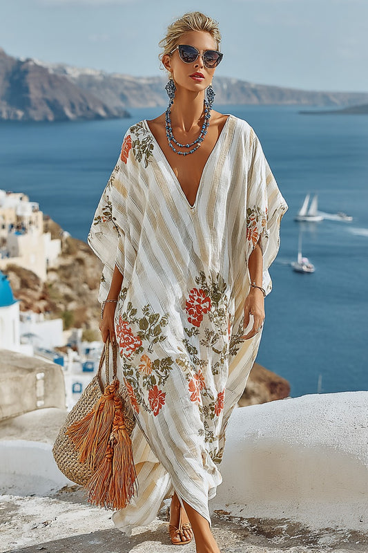 Vintage Print Long Sleeve Kaftan Dress