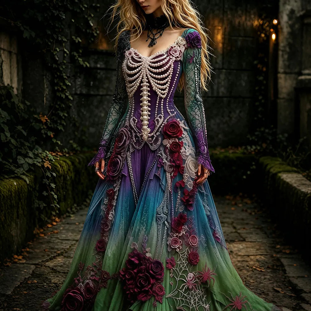 Women's Retro Gothic Skeleton And Rose Gradient Pattern Maxi Halloween Dress