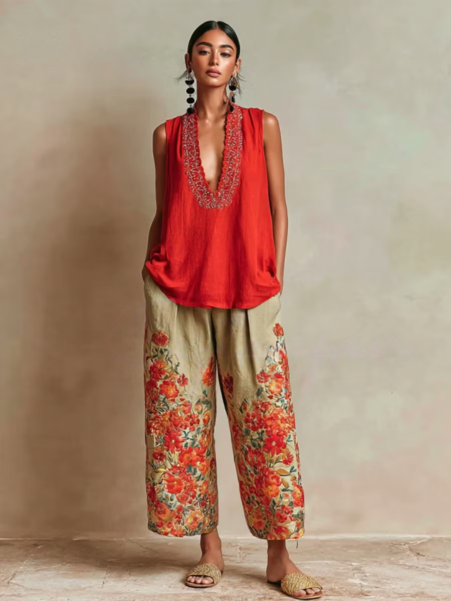 Women's Spring/Summer Cotton Linen Casual Vacation Two-Piece Set.