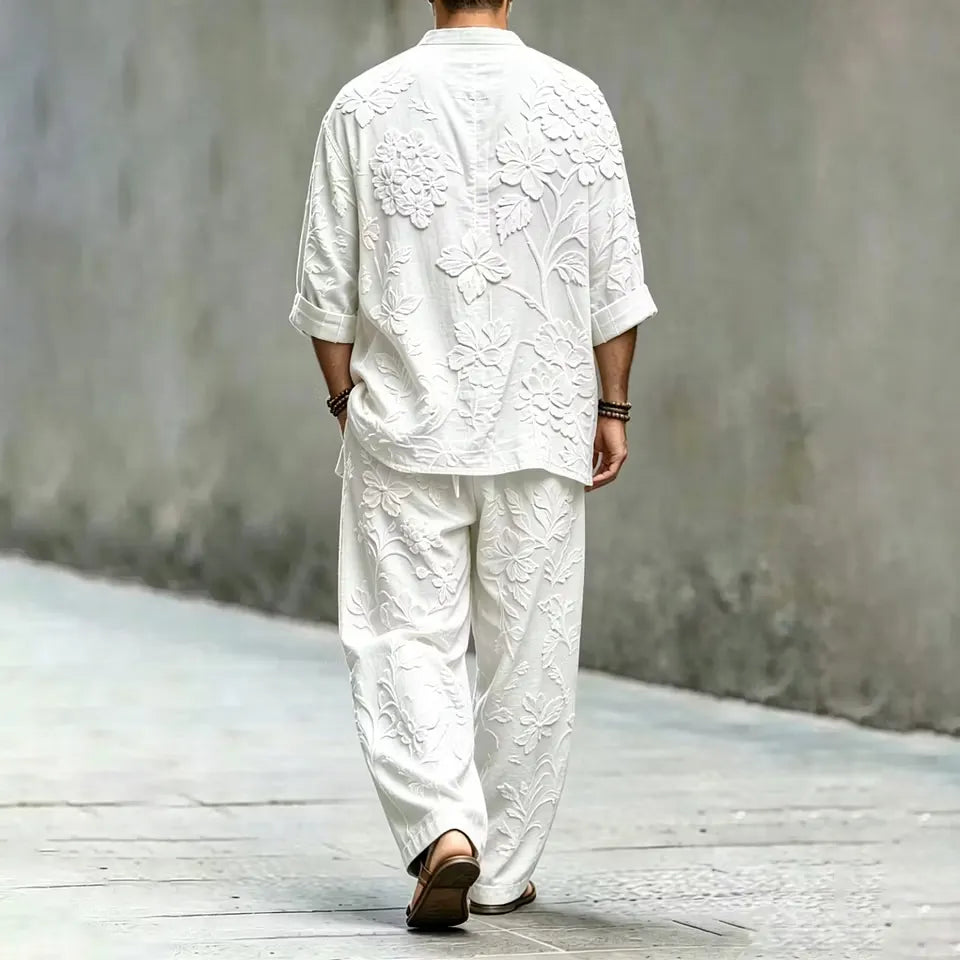 Men's Vintage Japanese Floral Art Print Shirt And Pants Two Piece Set
