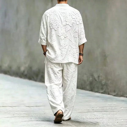 Men's Vintage Japanese Floral Art Print Shirt And Pants Two Piece Set
