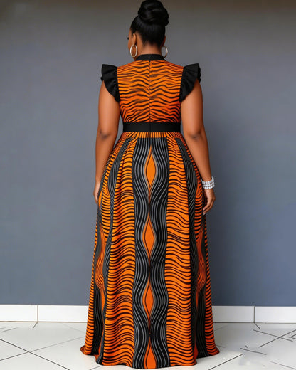 Irregular Striped Lace Sleeves High Waist Maxi Dress