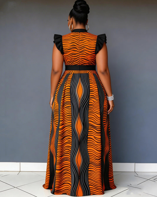 Irregular Striped Lace Sleeves High Waist Maxi Dress