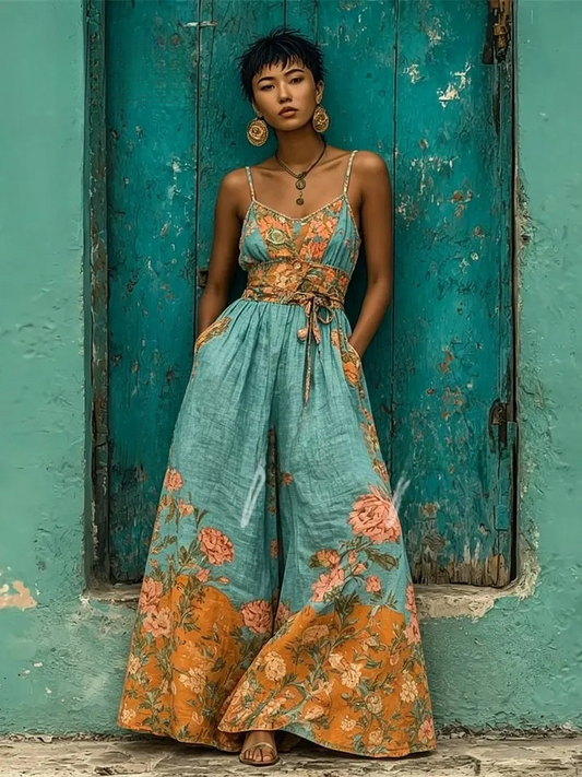 Women's spring/summer cotton and linen casual jumpsuit for vacation.