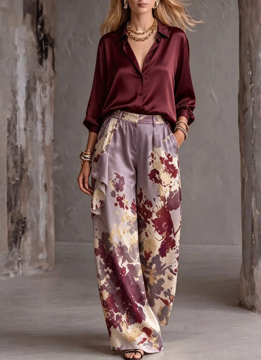 Women's Burgundy Satin Shirt Cotton and Linen Wide Leg Pants Two-piece Set