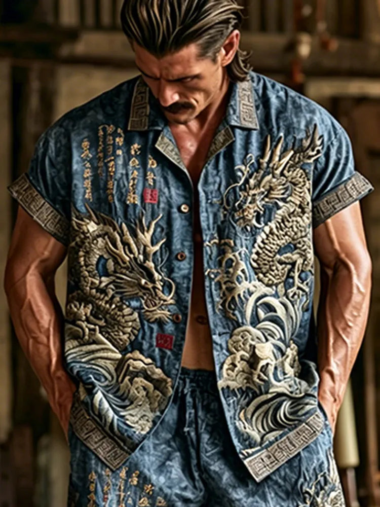 Men's Dragon Pattern Wavy Text Vintage Cotton And Linen Short Sleeve Shirt And Shorts Two-piece Set