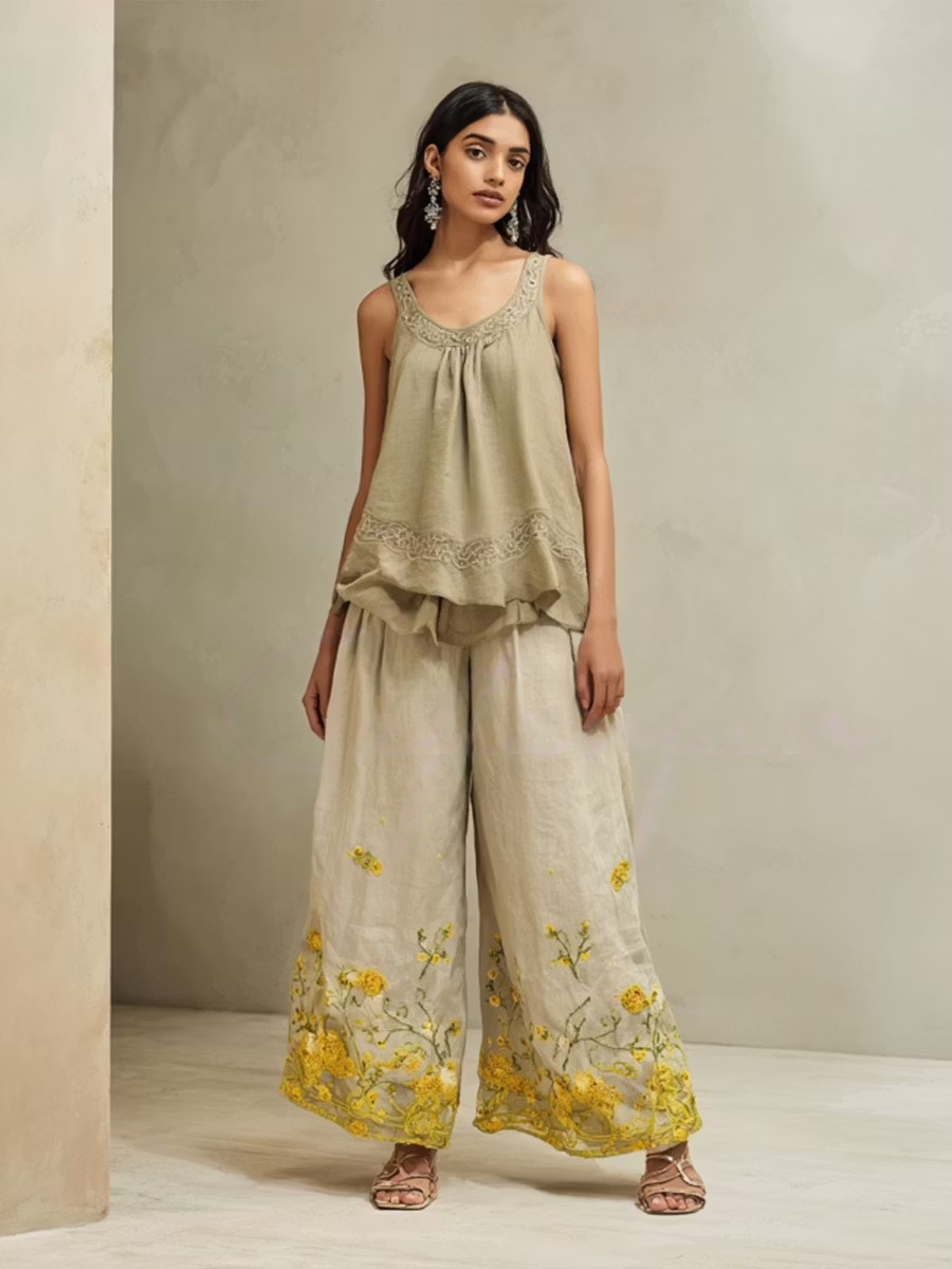 Women's Spring/Summer Cotton Linen Casual Vacation Two-Piece Set.