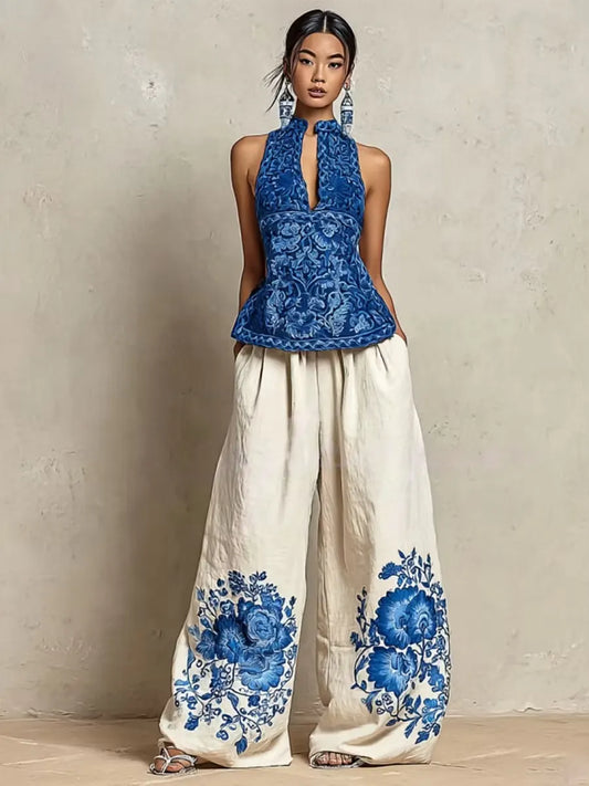 Women's Spring/Summer Cotton Linen Casual Vacation Two-Piece Set.