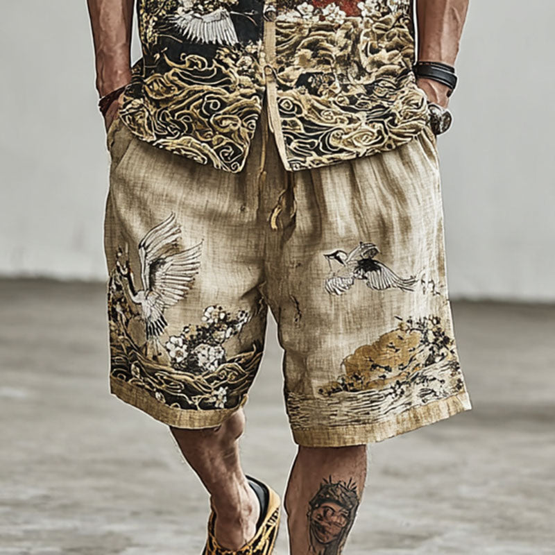 Crane And Cloud Pattern Color-blocked Short-sleeved Shorts Two-piece Set
