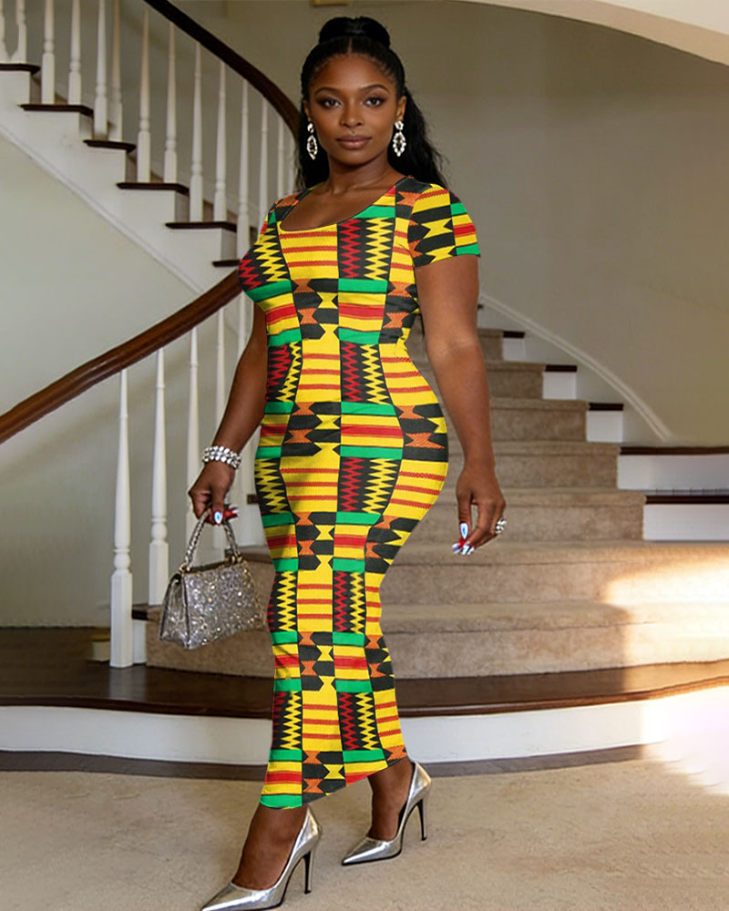 Women's Kent Cloth Geometric Print Crewneck Long Dress