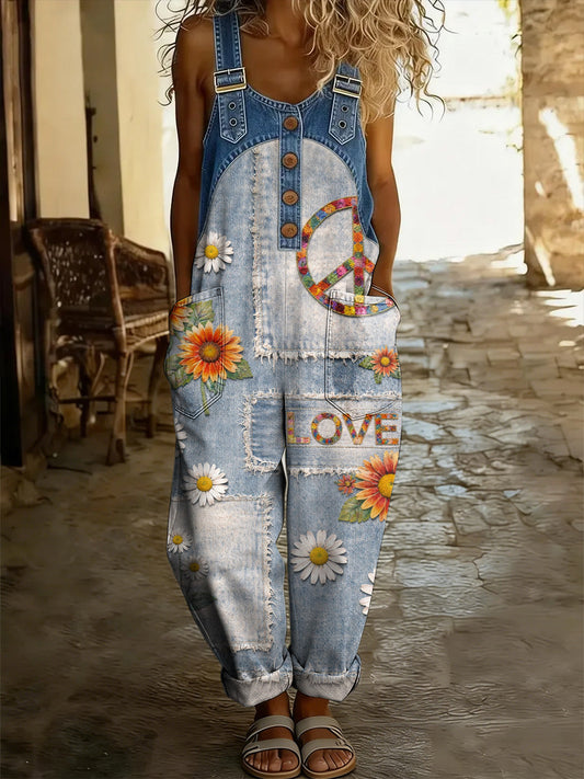 Women's Retro Floral Color-Blocked Art Print Washed Cotton Denim Patchwork Jumpsuit