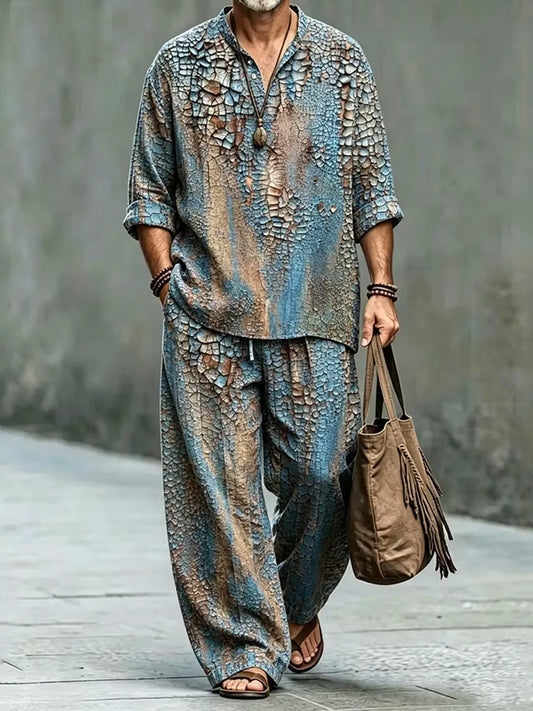 Men's Retro Abstract Art Print Shirt And Pants Two Piece Set