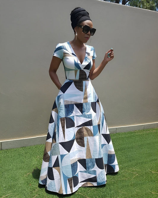 V Neck African Abstract Art Short Sleeve Maxi Dress