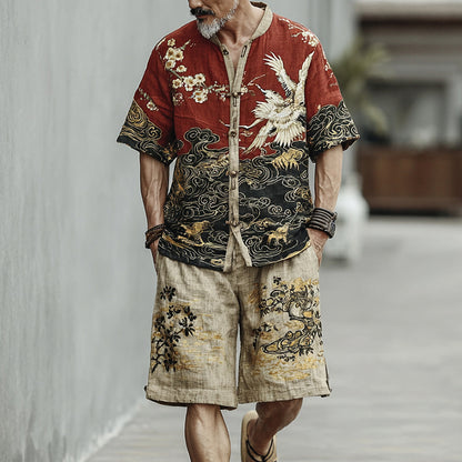 Men's Crane, Plum Blossom, And Cloud Pattern Two-piece Set
