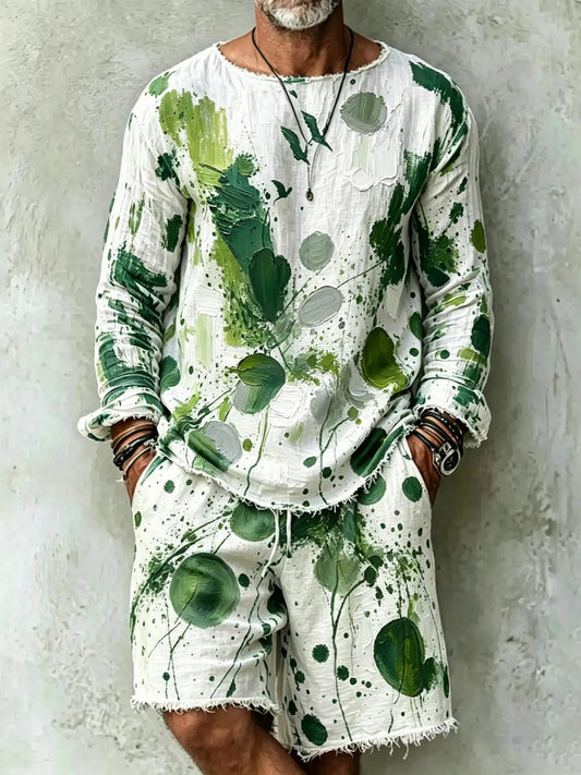 Men's Retro Abstract Art Print T-shirt And Shorts Two Piece Set