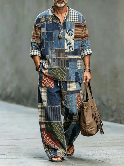 Men's Vintage Japanese Patchwork Art Shirt And Pants Two Piece Set
