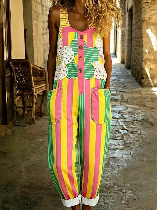 Women's Boho Color Art Print Washed Cotton Denim Patchwork Jumpsuit