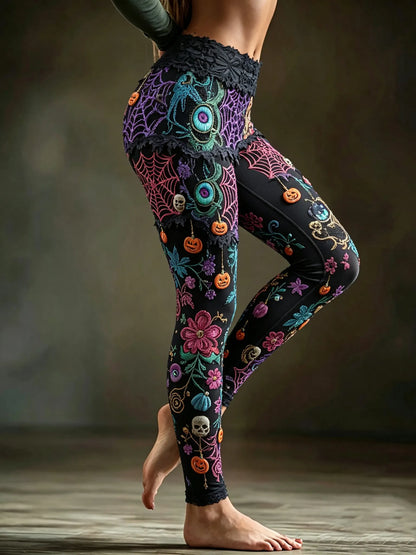 Women's Retro Halloween Spider And Floral Pattern Casual Leggings