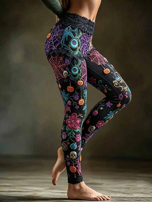 Women's Retro Halloween Spider And Floral Pattern Casual Leggings