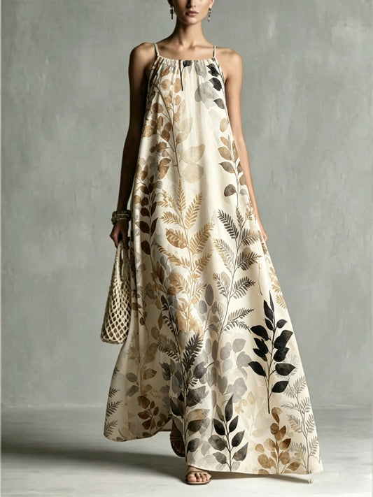 Women's Loose Romantic Print Pleated Spaghetti-Neck Maxi Dresses