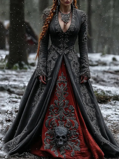 Women's Vintage Viking Skull Embroidery V Neck Casual Maxi Dress
