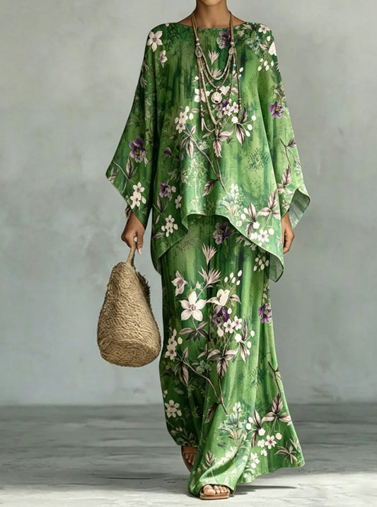 Women's Comfortable and loose print pattern cotton and linen wide-leg pants two-piece set