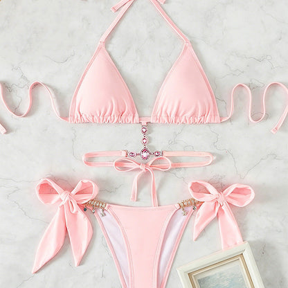 Halter-neck rhinestone strap triangle bikini set